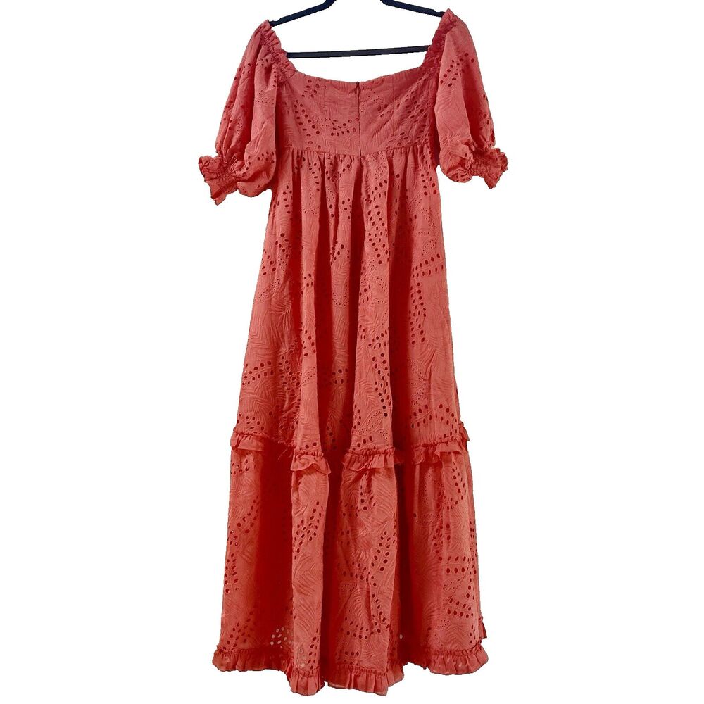 Waimari Belmond Coral Pink Puff Sleeve Eyelet Lace Peasant Maxi Dress Size S - Picture 6 of 9